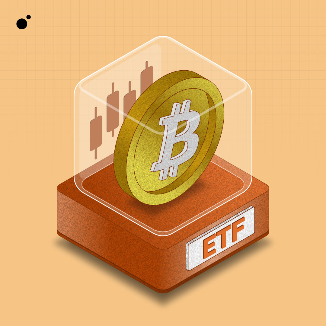 Illustration of a Bitcoin coin protected inside a glass case labeled ETF